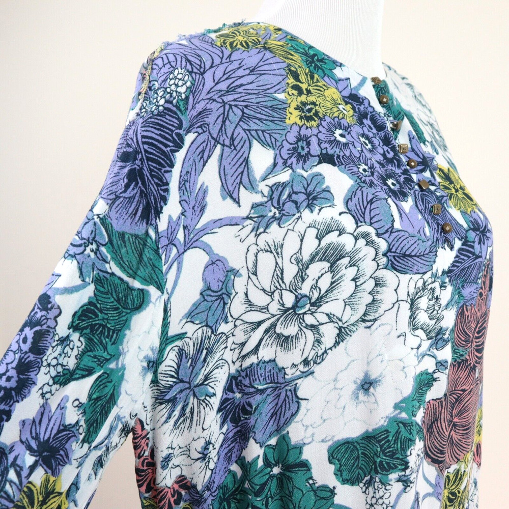 Anthropologie Maeve Size M Popover Blouse 3/4 Sleeve Fray Edge Floral - Picture 6 of 10